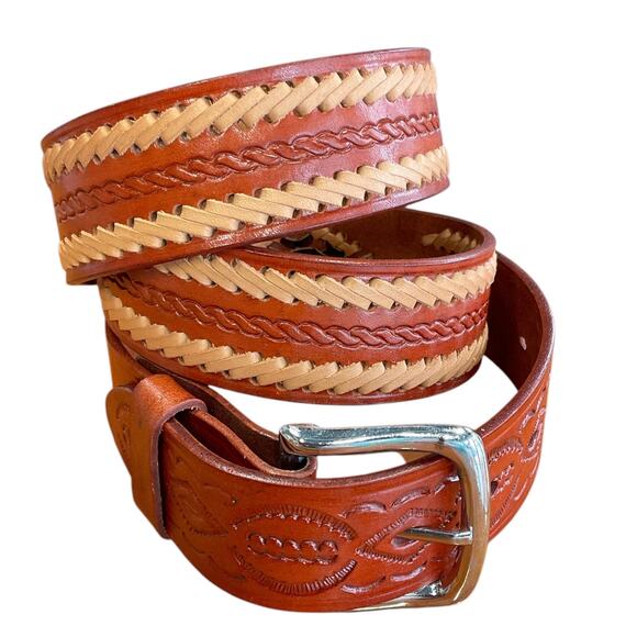 Red Brown Leather Mens 40 Western Belt Tan Dark Brown Stitching Southwest Cowboy - Picture 1 of 9
